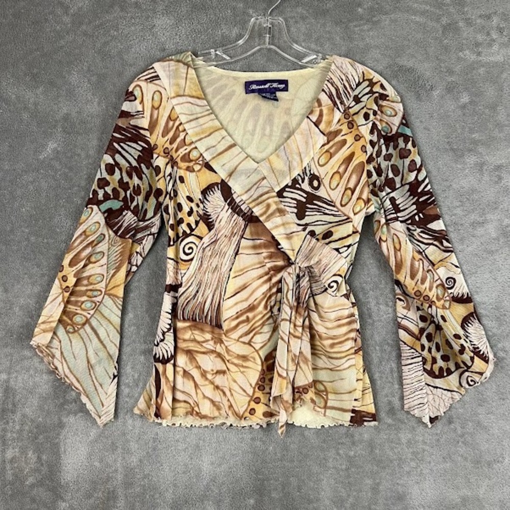 Y2K‎ Mesh Top Womens S All Over Butterfly Print Bell Sleeve Festival Boho Grunge